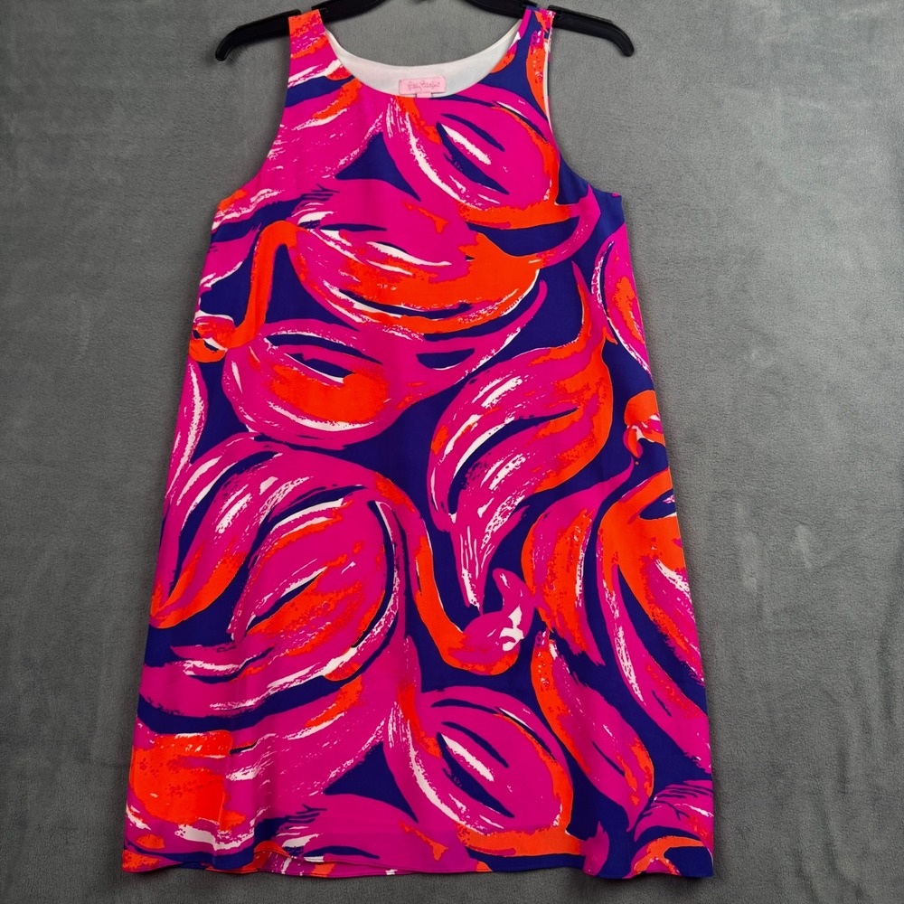 Lilly Pulitzer Silk Flamingo Print Shift Dress Pink Orange Navy Blue XS - Picture 2 of 8